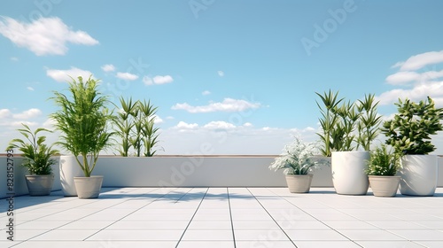 Empty outdoor roof terrace with potted plants in minimal style. Generative AI