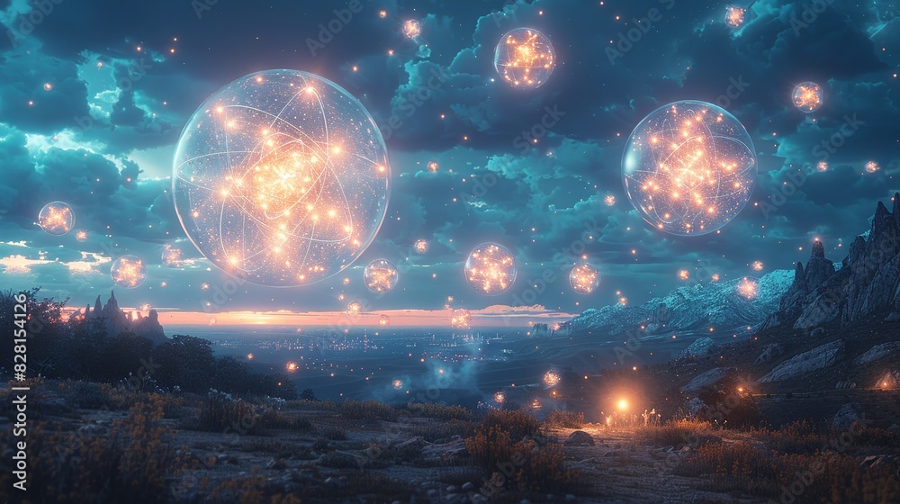 A surreal landscape where large, glowing atoms float in the sky, casting ethereal light on the ground below, symbolizing the fundamental role of atoms in the universe. AI Technology and Industrial A surreal landscape where large, glowing atoms float in the sky, casting ethereal light on the ground below, symbolizing the fundamental role of atoms in the universe. AI Technology and Industrial