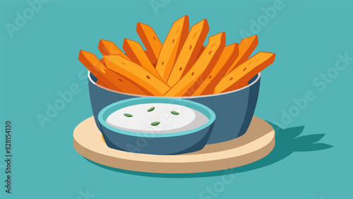 Baked sweet potato fries served with a tangy Greek yogurt dip a healthier alternative to regular potato chips.. Vector illustration