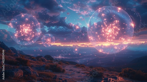 A surreal landscape where large, glowing atoms float in the sky, casting ethereal light on the ground below, symbolizing the fundamental role of atoms in the universe. AI Technology and Industrial photo