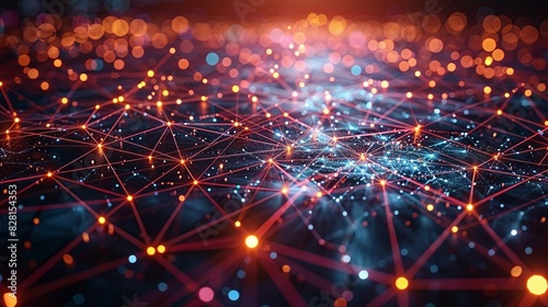 A network of interconnected nodes and lines representing a quantum field, with particles appearing and disappearing, visualizing the concept of quantum fluctuations. AI Technology and Industrial