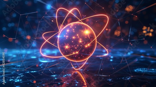 A stylized image of an atom with protons, neutrons, and electrons, with each particle connected by bright, glowing lines symbolizing the strong and weak nuclear forces. AI Technology and Industrial