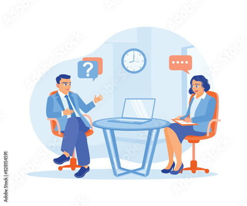 The HR manager and job seeker talking at the office table. Discuss work assignments. Job interview concept. Flat vector illustration.
