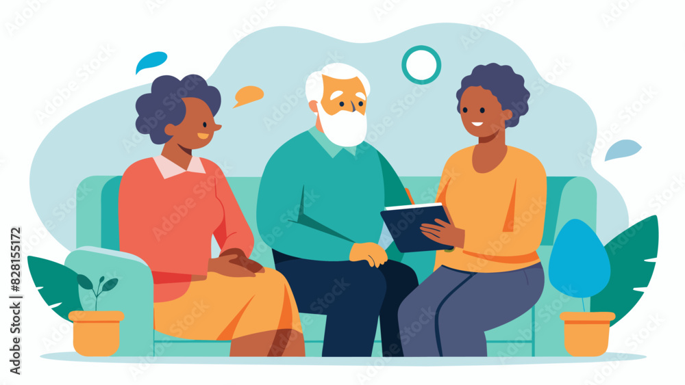 A the leads a session focusing on healthy boundaries and individual needs helping an aging couple maintain a healthy sense of self while in a relationship.. Vector illustration A the leads a session focusing on healthy boundaries and individual needs helping an aging couple maintain a healthy sense of self while in a relationship.. Vector illustration