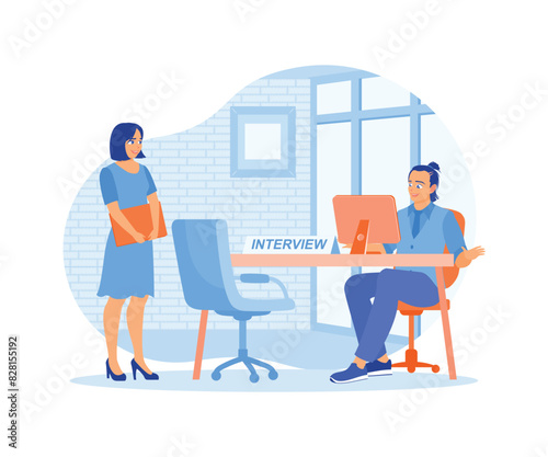 Job seeker meets manager in the office. A woman having a job interview with an HR leader. Job interview concept. Flat vector illustration.