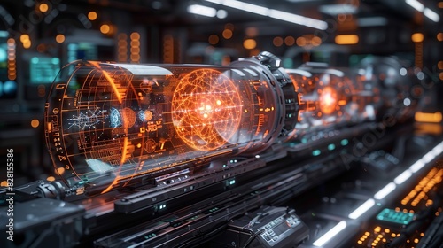 A cross-sectional view of a futuristic quantum lab, with scientists observing holographic displays of atomic and subatomic particles in action. AI Technology and Industrial works concept,