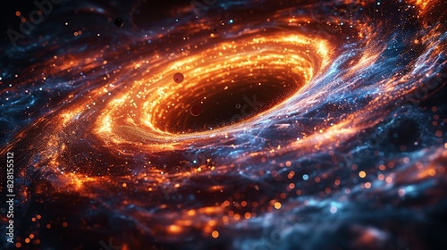 A stylized image of a black hole, with particles spiraling into its event horizon, illustrating the interplay between quantum mechanics and general relativity. AI Technology and Industrial works