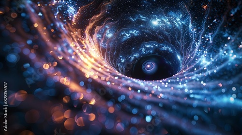 A stylized image of a black hole, with particles spiraling into its event horizon, illustrating the interplay between quantum mechanics and general relativity. AI Technology and Industrial works