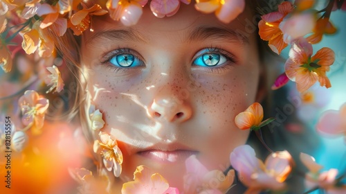 Double exposure of a childs face blending with colorful petals, capturing innocence and the essence of springtime photo