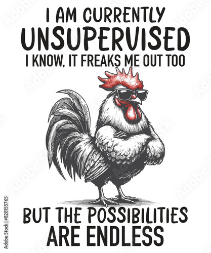 I am currently unsupervised I know it freaks me out but the possibilities are endless funny Rooster T-shirt design vector, Rooster meme shirt, chicken shirt, Rooster funny vector, Rooster funny saying photo