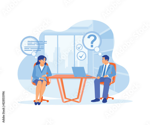 Manager reading job seeker documents on the laptop. Manager having a job interview in an office. Job interview concept. Flat vector illustration.