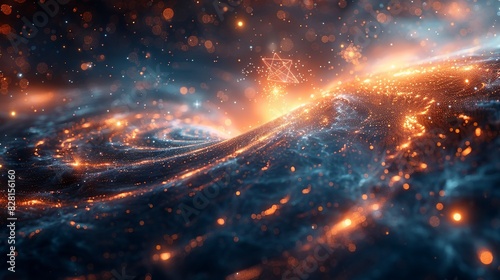 An ethereal depiction of quantum fields, with particles appearing and disappearing, overlaid on a background of swirling cosmic dust and light. AI Technology and Industrial works concept, photo