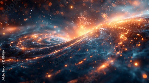 An ethereal depiction of quantum fields, with particles appearing and disappearing, overlaid on a background of swirling cosmic dust and light. AI Technology and Industrial works concept,