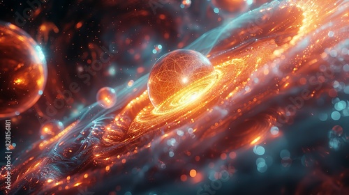 An ethereal depiction of quantum fields, with particles appearing and disappearing, overlaid on a background of swirling cosmic dust and light. AI Technology and Industrial works concept,