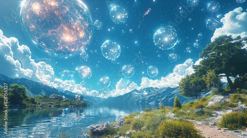 A surreal landscape where quantum particles form patterns and shapes, floating in a dreamlike sky, symbolizing the abstract nature of quantum mechanics. AI Technology and Industrial works concept,