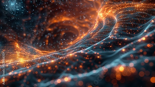 An artistic rendering of the many-worlds interpretation, with parallel realities branching out from a central point, overlaid with quantum particles and waves. AI Technology and Industrial works