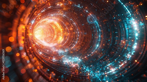 An artistic rendering of the many-worlds interpretation, with parallel realities branching out from a central point, overlaid with quantum particles and waves. AI Technology and Industrial works