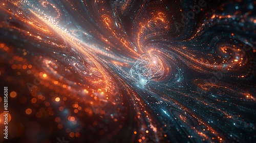 An artistic rendering of the many-worlds interpretation, with parallel realities branching out from a central point, overlaid with quantum particles and waves. AI Technology and Industrial works