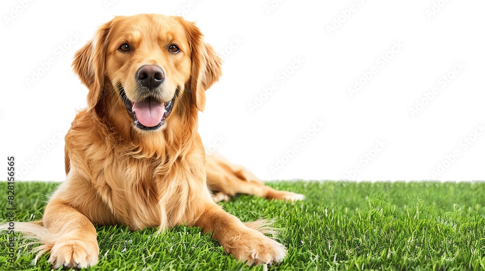 Golden retriever dog lying on green grass with a happy expression. Perfect image for pet-related content and advertising. Golden retriever dog lying on green grass with a happy expression. Perfect image for pet-related content and advertising.