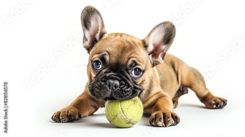 Adorable French Bulldog puppy lying down with a tennis ball  isolated on a white background. Perfect for pet lovers and cute animal enthusiasts.