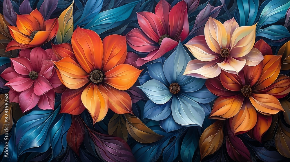 An abstract composition of flowers, with swirling patterns of petals and leaves in bold, bright colors, blending together to form a dynamic and visually striking image. An abstract composition of flowers, with swirling patterns of petals and leaves in bold, bright colors, blending together to form a dynamic and visually striking image.
