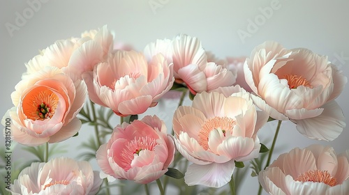 Fototapeta Naklejka Na Ścianę i Meble -  A cluster of peonies in various stages of bloom, their lush, layered petals depicted in soft, pastel hues, set against a clean, white background for a fresh, elegant look.