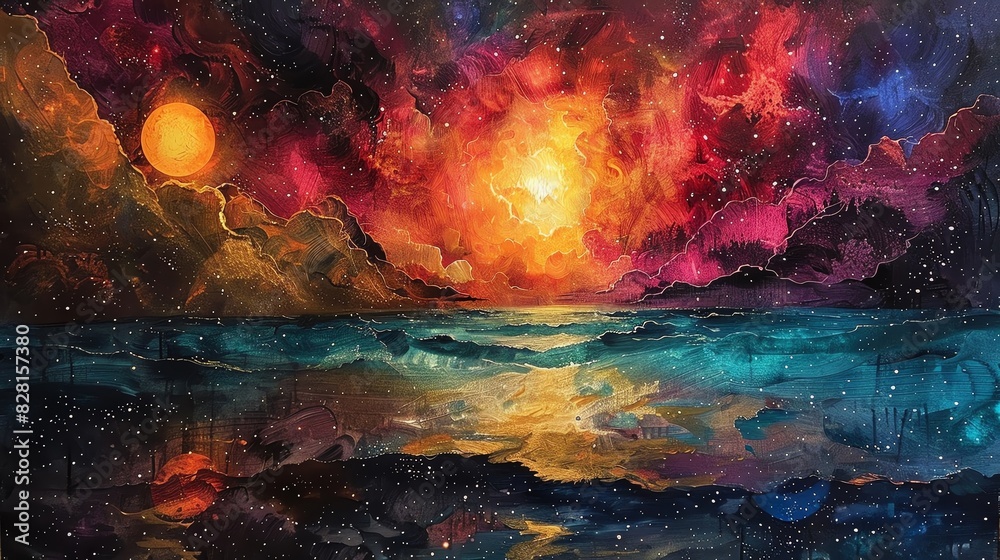Abstract painting of a vibrant ocean sunset with bold colors, blending sky and water in a surreal, captivating scene.
