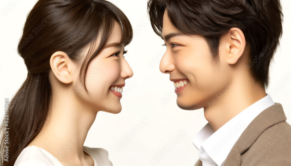 見つめ合う笑顔の若い日本人夫婦 見つめ合う笑顔の若い日本人夫婦