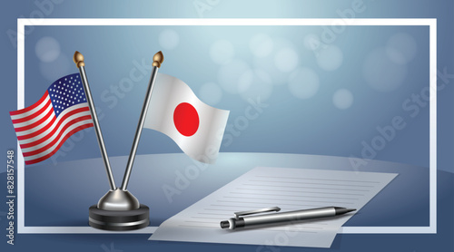 USA and Japan Small national flag on bokeh background, cooperative relationship
