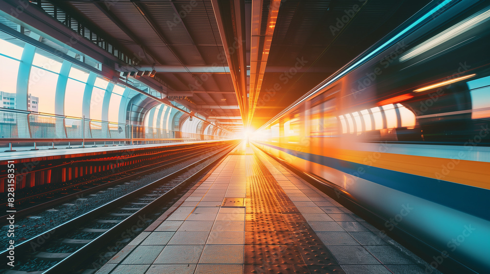 A train is passing through a tunnel with a bright orange sun shining through the windows. The train is moving quickly and the tunnel is long and narrow A train is passing through a tunnel with a bright orange sun shining through the windows. The train is moving quickly and the tunnel is long and narrow