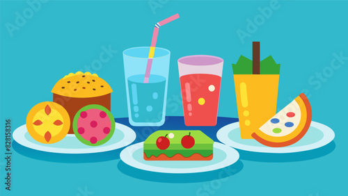 Brightly colored drink options alongside each snack plate encouraging kids to stay hydrated while enjoying their tasty treats.. Vector illustration