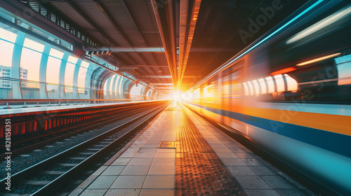 A train is passing through a tunnel with a bright orange sun shining through the windows. The train is moving quickly and the tunnel is long and narrow