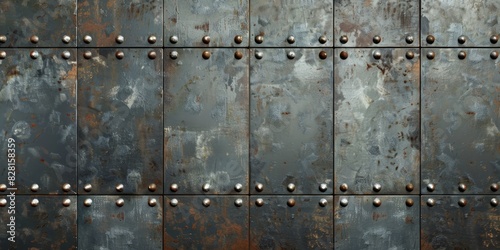 Weathered metal door with extensive rust and screws, adding a rugged and industrial charm to its appearance. Vintage architecture concept photo