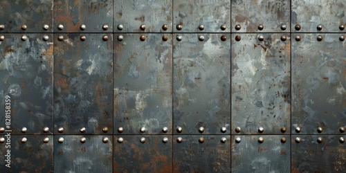 Weathered metal door with extensive rust and screws, adding a rugged and industrial charm to its appearance. Vintage architecture concept