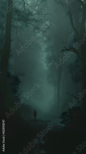 A lone figure stands hesitating at the entrance of a foggy  dark forest