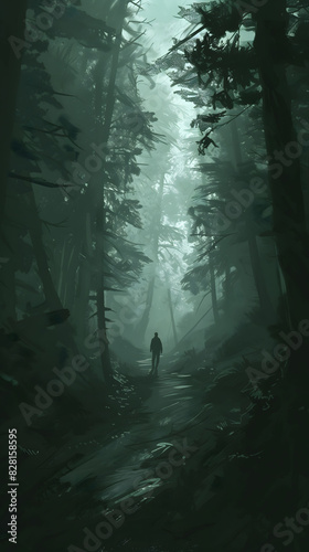 A lone figure hesitates at the edge of a dark  foggy forest path