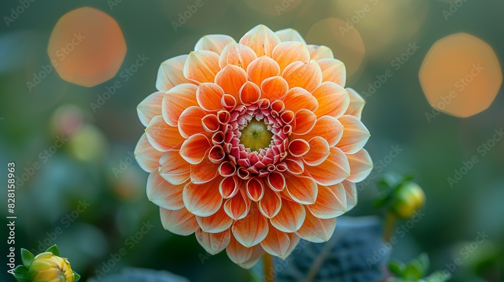 A close-up shot of a dahlia, its complex layers of petals radiating from the center in a mesmerizing pattern, set against a softly blurred natural background. A close-up shot of a dahlia, its complex layers of petals radiating from the center in a mesmerizing pattern, set against a softly blurred natural background.