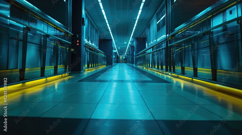 A long corridor towards a boarding gate at International Airport at midnight. Generative Ai A long corridor towards a boarding gate at International Airport at midnight. Generative Ai