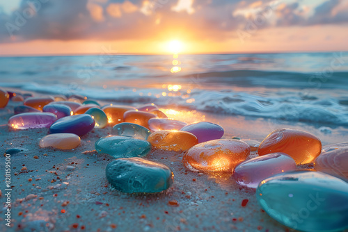 stones in water, Vibrant glass pebbles on the shore stunning sunset back lighting Generative ai