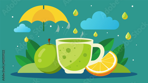 Brightening up a rainy day with a zesty lemon herbal tea and some crisp green apple slices.. Vector illustration