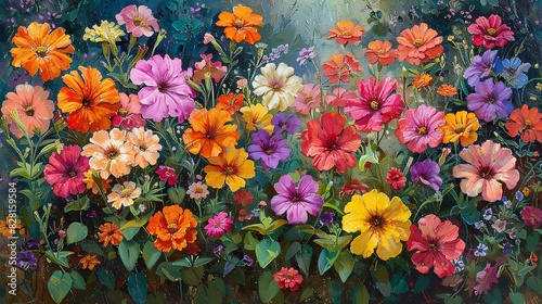 A vibrant garden scene with clusters of petunias, marigolds, and zinnias, their bright colors and varied shapes creating a lively and dynamic composition. © DARIKA