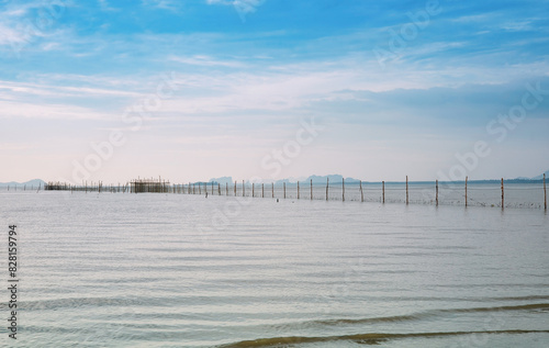 Long lines of fishing nets of local fishermen in Thailand on a clear day.