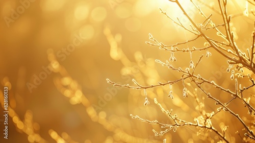 Tree twigs wearing earrings in bright sunshine against a soft golden backdrop photo