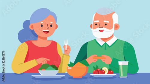 An elderly couple enjoying a healthy meal together complete with fresh vegetables and lean proteins.. Vector illustration