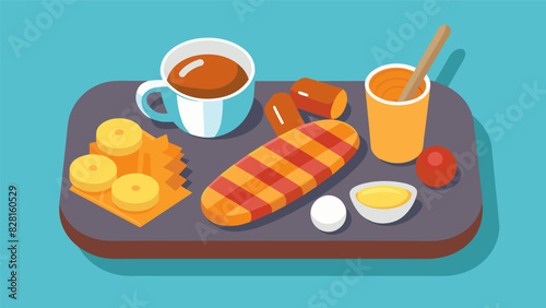 Miniature versions of classic morning favorites like French toast sticks turkey sausage links and mini hash browns on a breakfast snack board.. Vector illustration