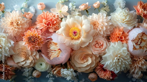 Fototapeta Naklejka Na Ścianę i Meble -  The backdrop features soft pastel blooms of peonies and dahlias, with intricate, laser-cut geometric shapes in metallic hues adding a sophisticated, modern edge.