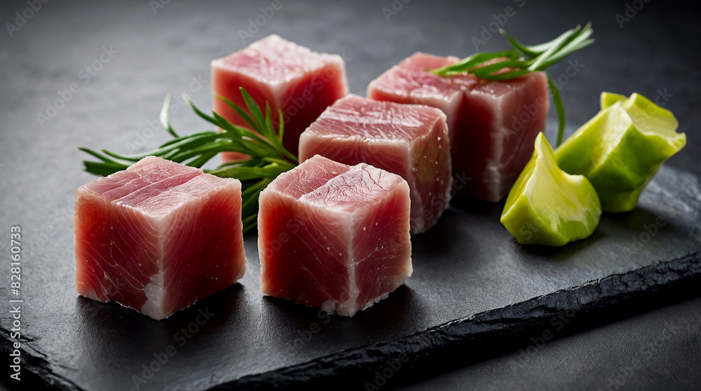 sashimi-grade bluefin tuna. Highlight the expert slicing techniques and the glistening sashimi-grade bluefin tuna. Highlight the expert slicing techniques and the glistening