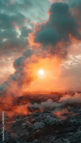 Dramatic sunrise over a volcanic landscape with steam and ash in the air