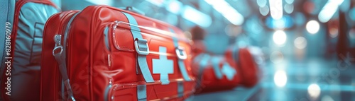 A red first aid kit with a white cross on the front is sitting on a shelf in a brightly lit room. photo