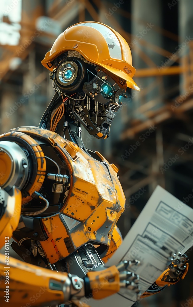 Construction robot wearing a hard hat and reading blueprints at a modern industrial site. Futuristic technology in construction industry. Construction robot wearing a hard hat and reading blueprints at a modern industrial site. Futuristic technology in construction industry.